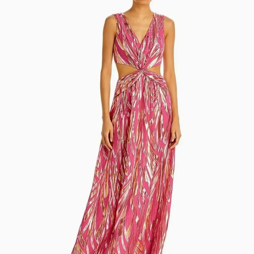 Ramy Brook Irene Cutout Maxi Dress Size 14 Pink Gold Metallic Silk Gown Wedding